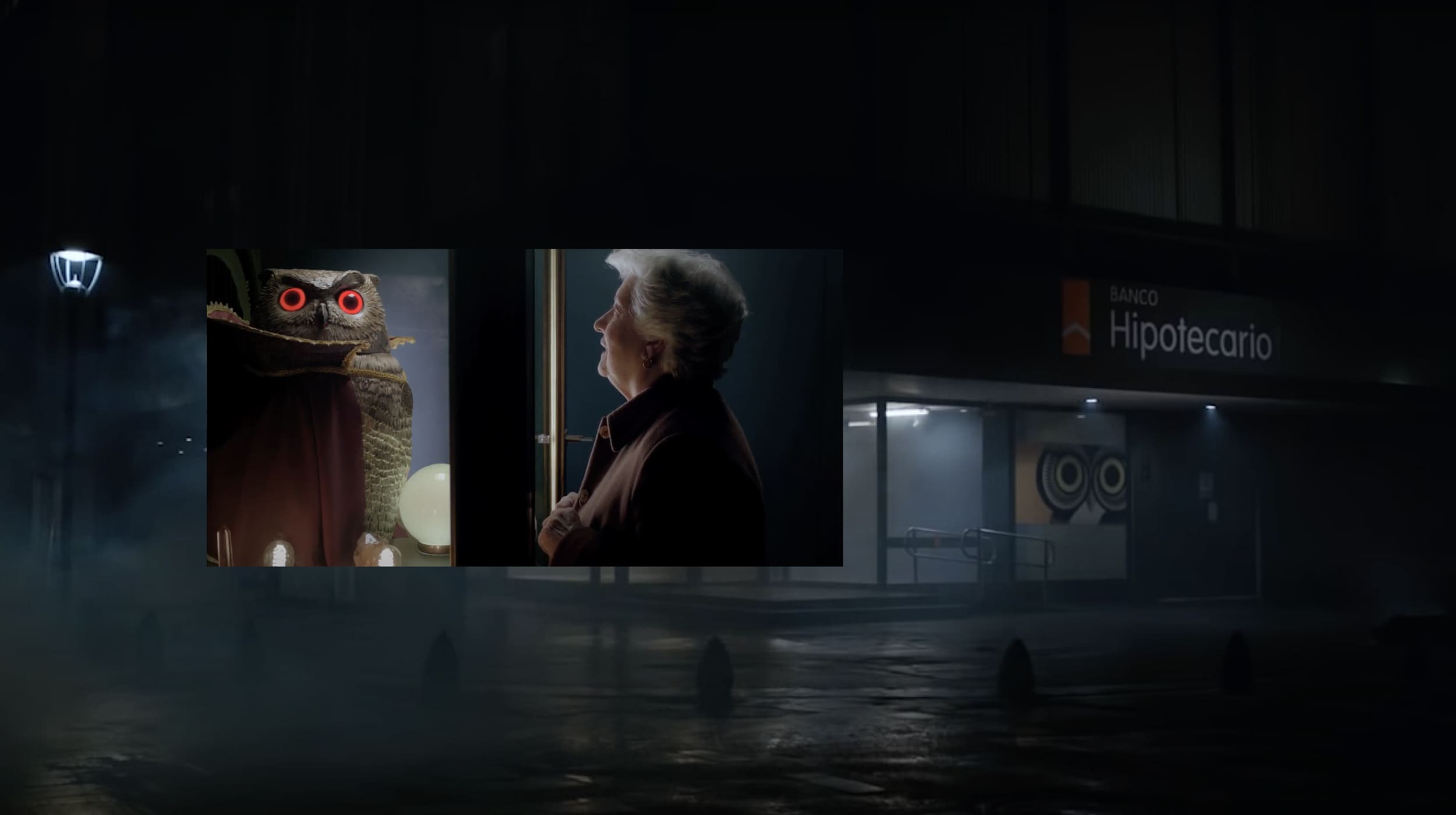 Fachada de sucursal de Banco Hipotecario y foto sobreimpresa de una señora frente al búho.