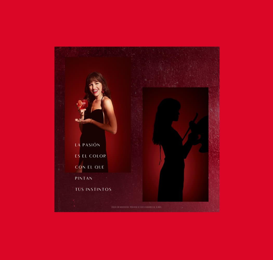 A la izquierda, Candela Vetrano sonriendo con una copa de Campari en la mano; y a la derecha, silueta de Candela.