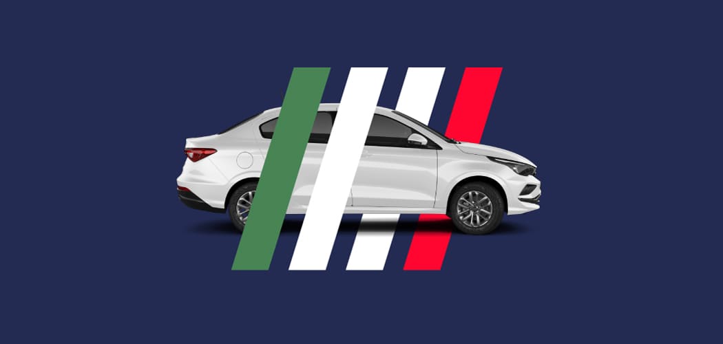 Fiat Cronos plateado, con sobre impreso de la flag de la marca.