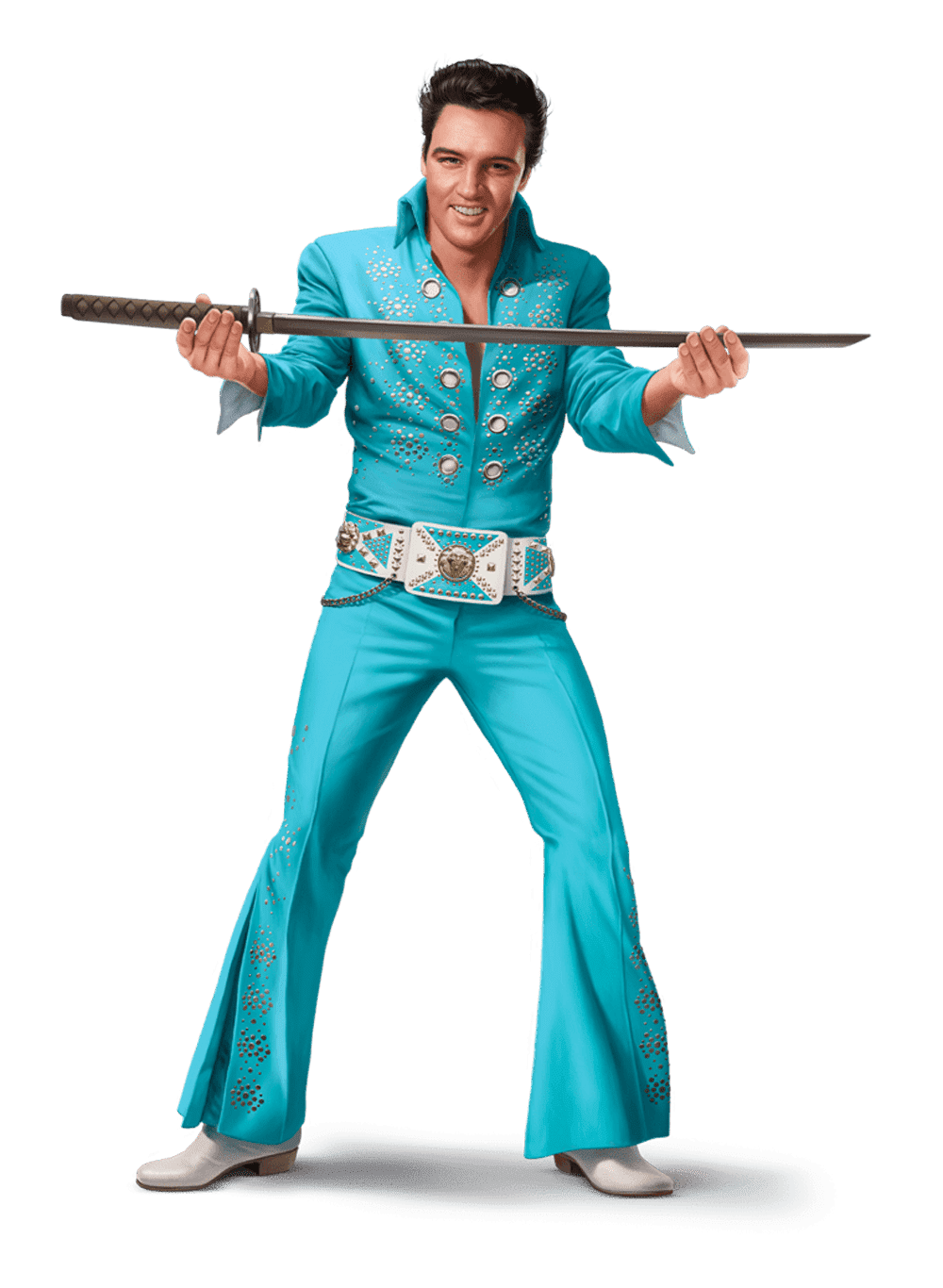 Elvis Presley sosteniendo una espada.