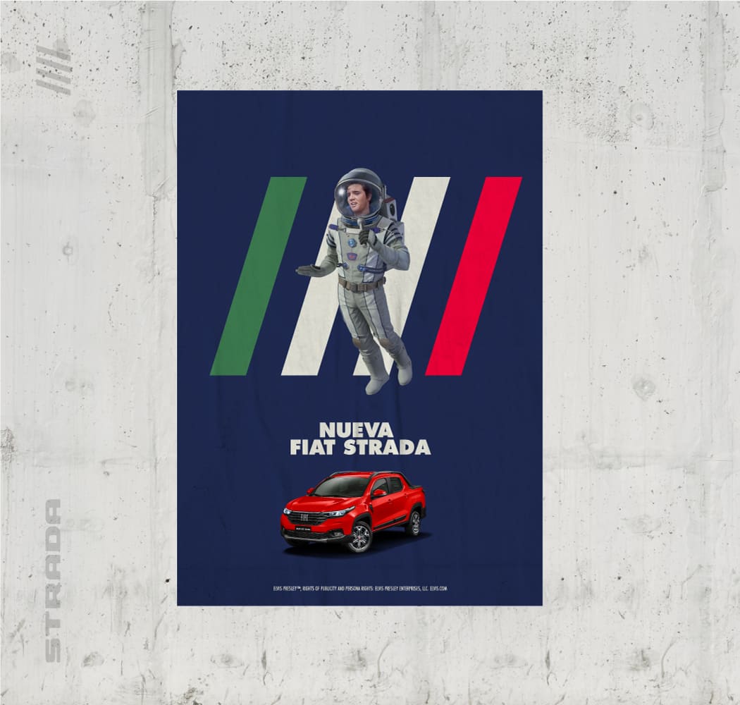 Poster de la Nueva Fiat Strada: Elvis Presley vestido de astronauta flotando sobre la camioneta.
