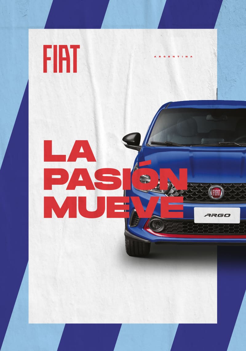 Poster de Fiat Verano: Argo azul con sobreimpreso de La Pasión mueve.